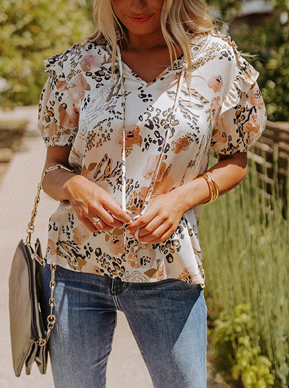 Gold Leopard Floral Print Split Neck Puff Sleeve Blouse