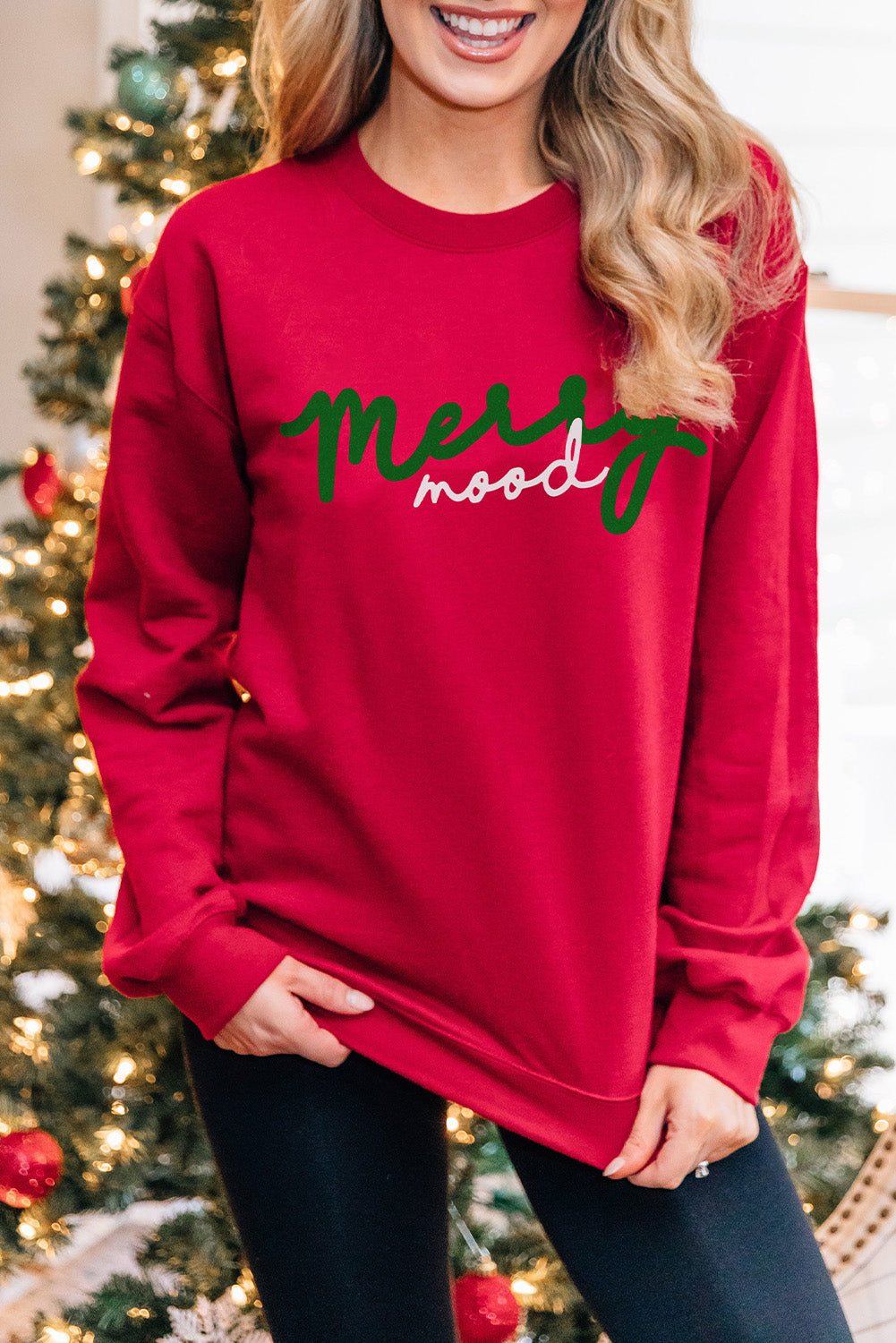Red Merry Mood Long Sleeve Pullover Sweatshirt