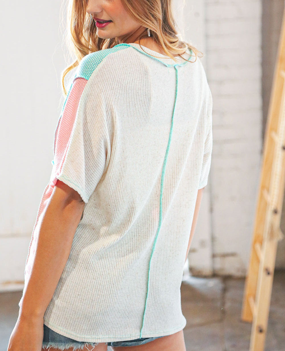 Sky Blue Plus Size Color Block Outseam Knit Top