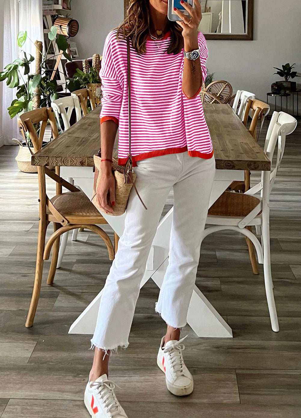 Contrast Trimmed Striped Drop Shoulder Sweater