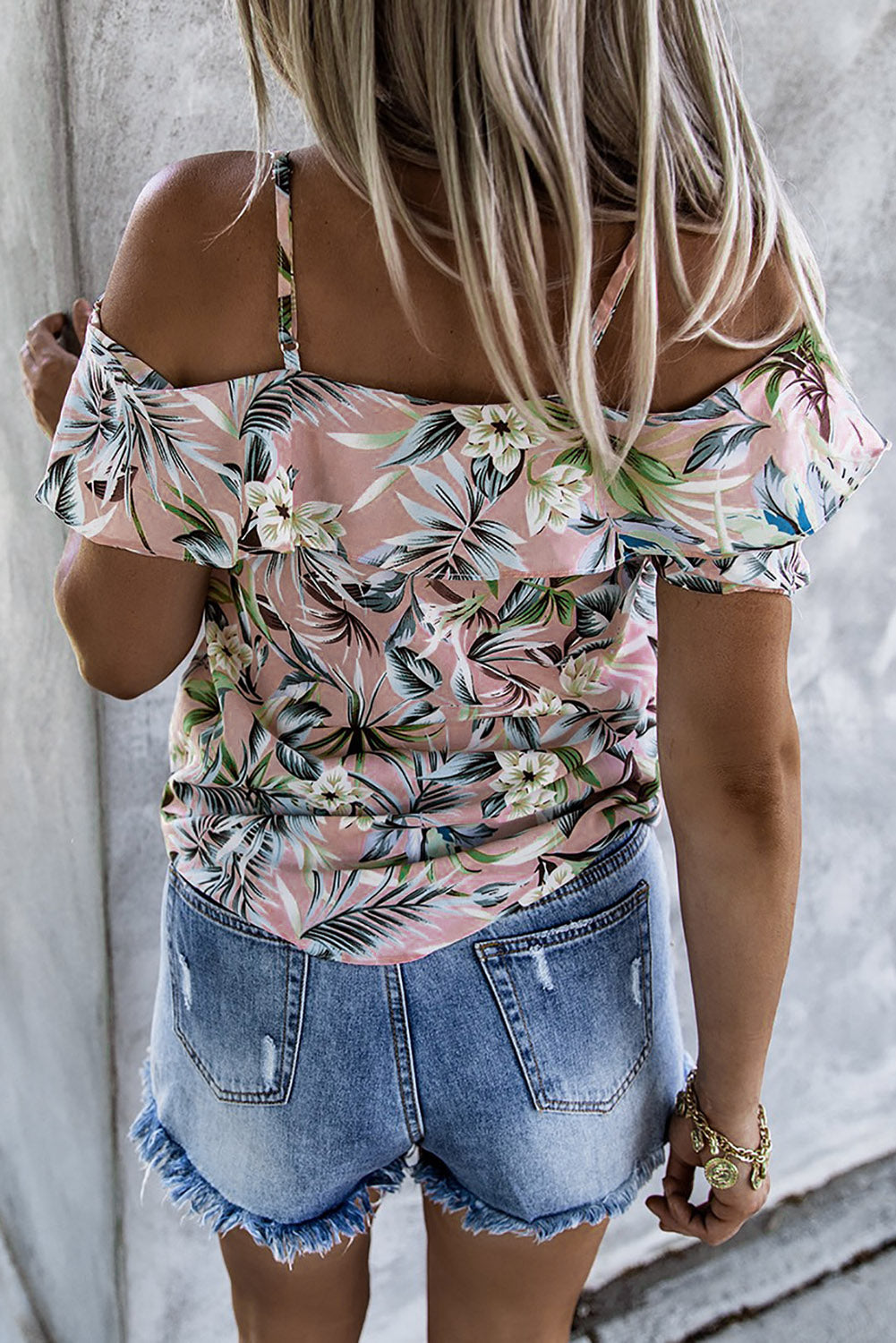 Floral Print Spaghetti Strap Ruffled T-shirt