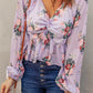 V Neck Balloon Sleeve Twist Front Floral Blouse