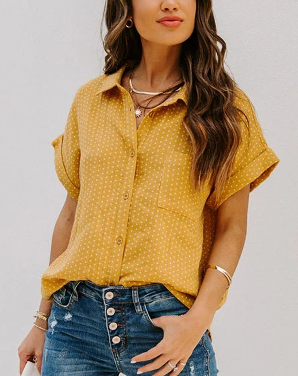 Yellow Rolled Short Sleeve Polka Dot Print Shirt