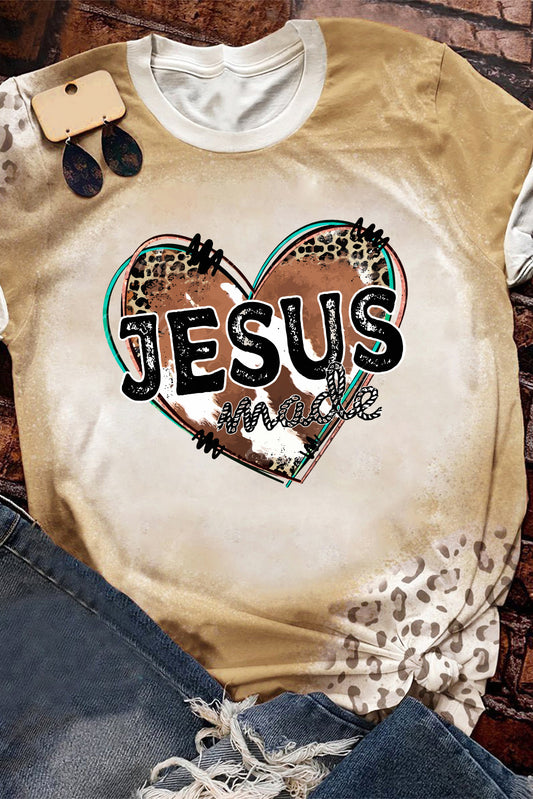 Khaki Jesus Heart Graphic Print Bleached Valentines T Shirt