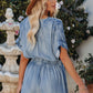 Sky Blue V Neck Smocked Waist Pocketed Chambray Romper