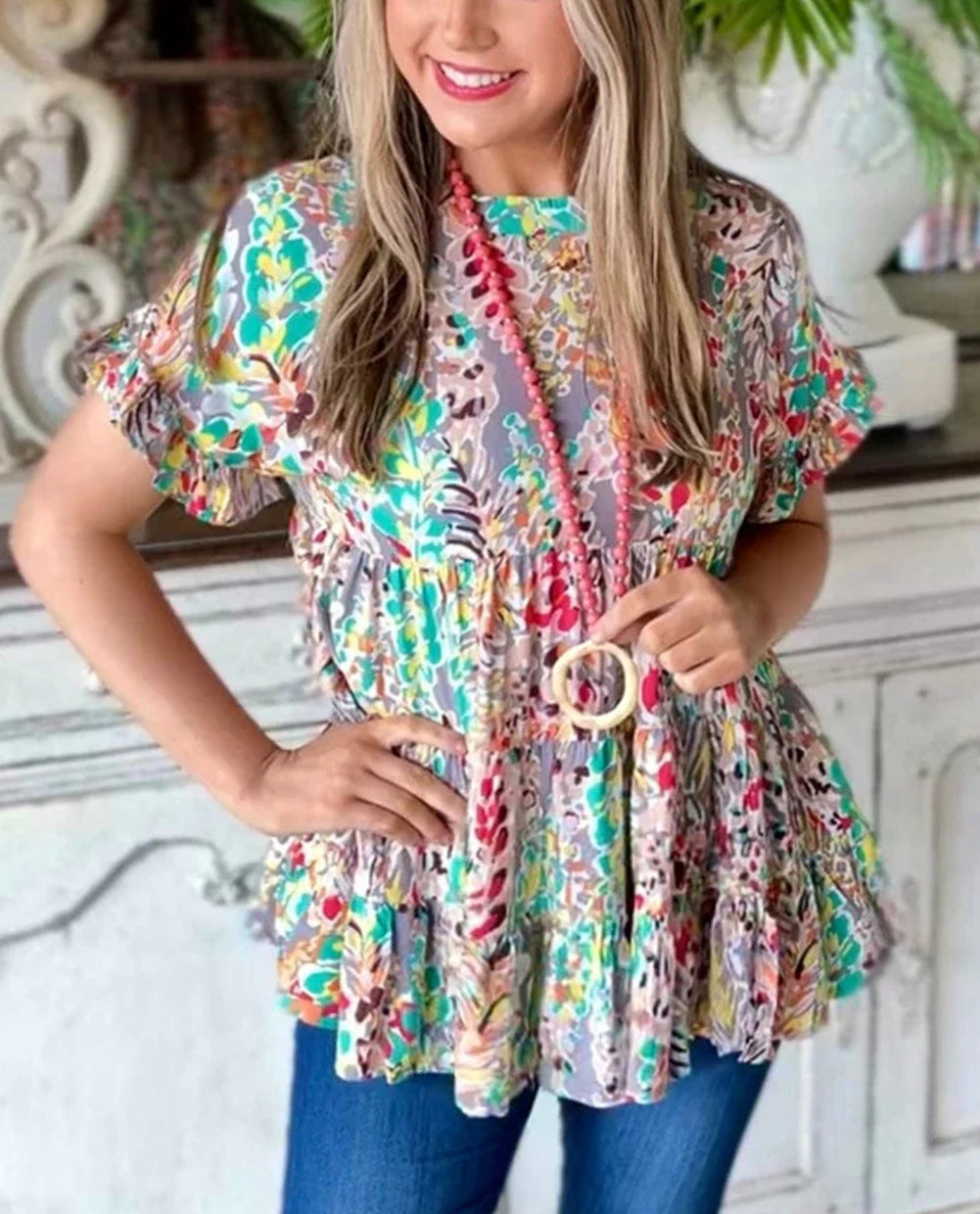 Purple Floral Print Ruffle Sleeve Babydoll Top