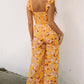 Yellow Floral Print Ruffle Shoulder Smocked Wide Leg Jumpsuit