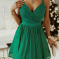 Green Double Straps Metallic Shining Skater Dress