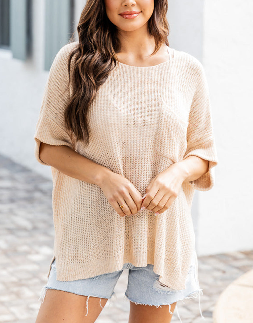 Apricot Loose Fit Split Pocket Half Sleeve Knitted Top