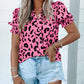 Pink Leopard Notch Neck Bubble Sleeve Blouse