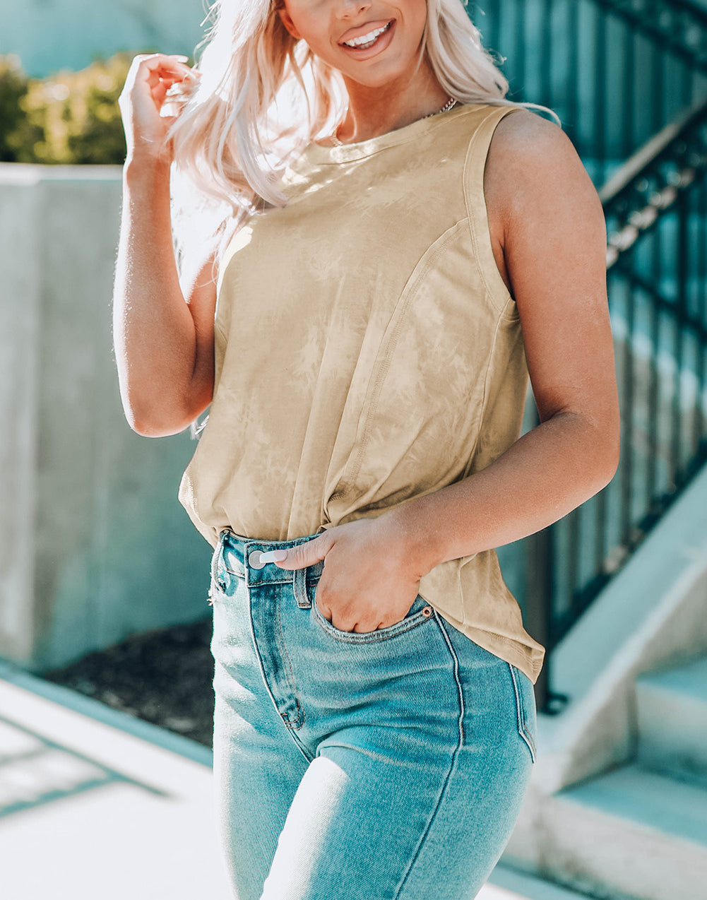 Khaki Tie Dye Print Seamed Crew Neck Tank Top