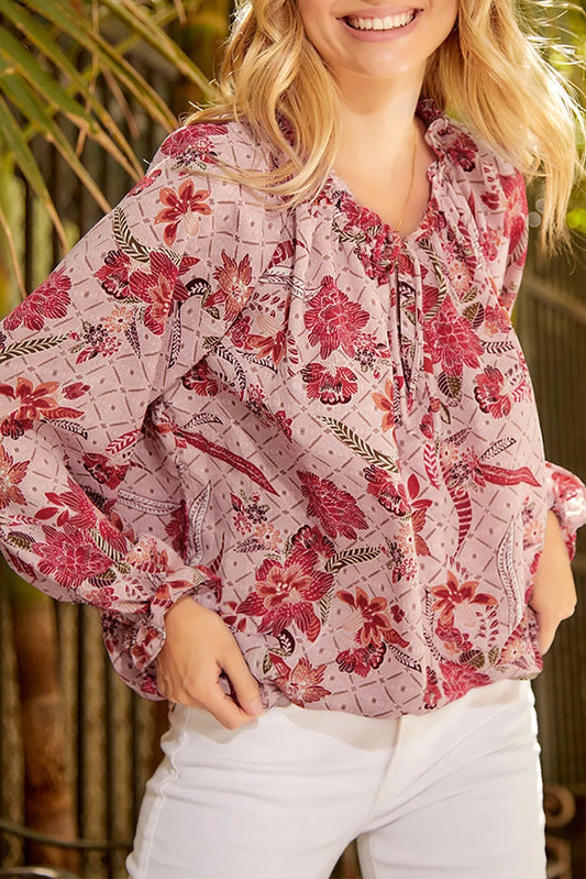 Pink Split V Neck Printed Blouse