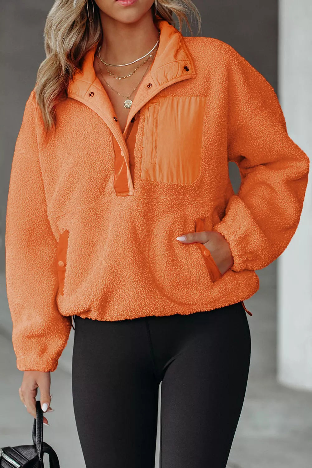 Half Button Pocketed Fleece Pullover Sweatshirt
