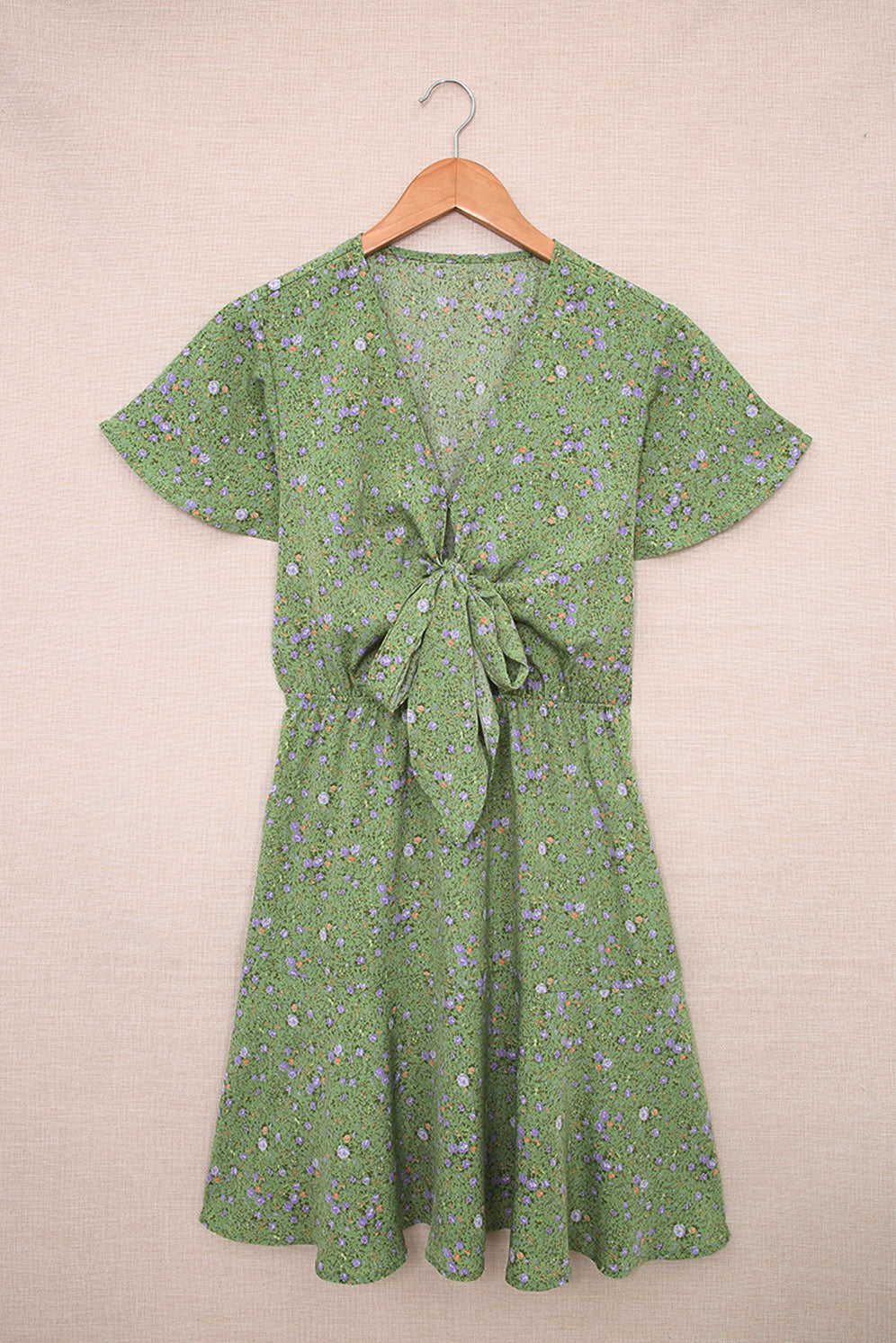 Floral Print Tie Knot Ruffled Short Sleeve Mini Dress