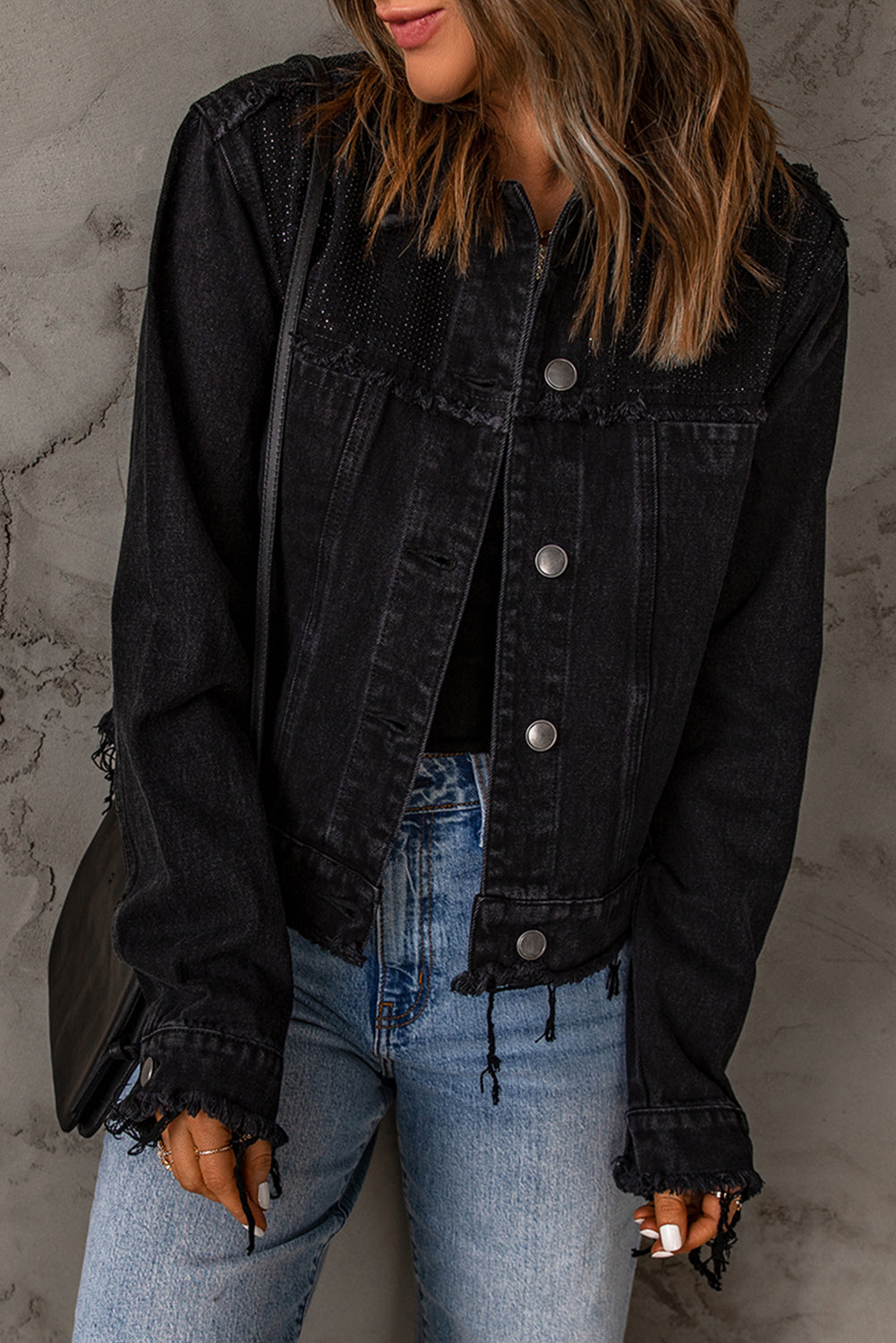 Frayed Trim Button Down Denim Jacket