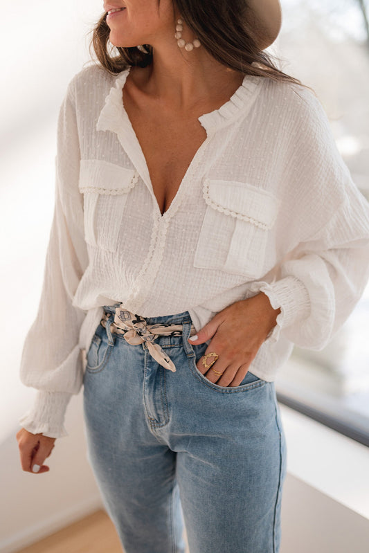 White Lace Trim Dotty Crinkle Texture Shirt