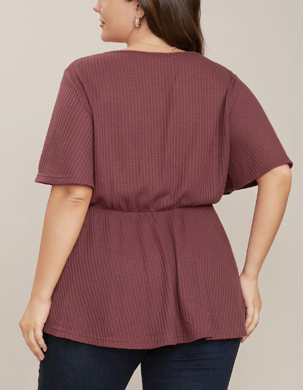 Red Plus Size Waffle Knit Lace V Neck Wrap Top