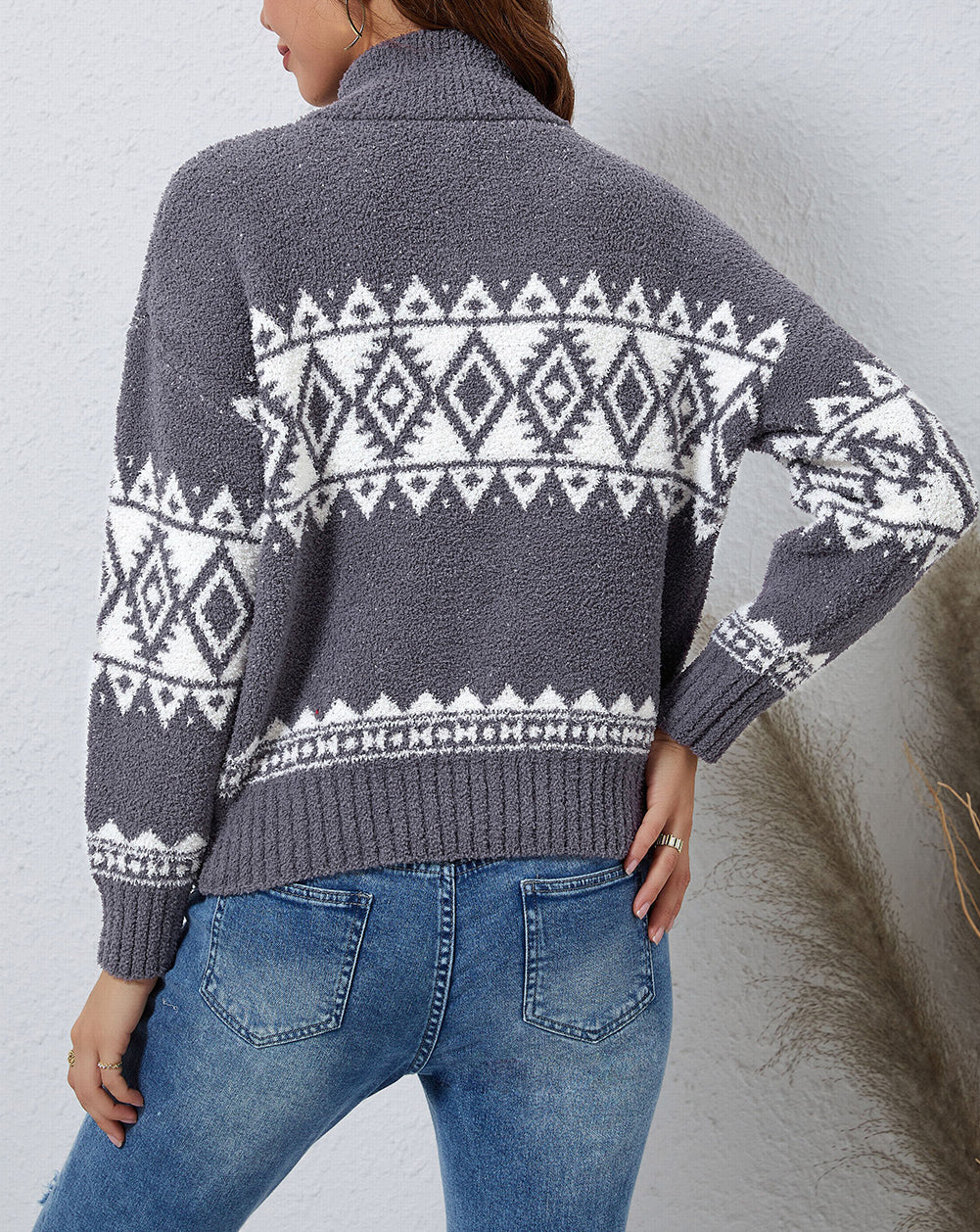 Western Geometric Printed Quarter Zip Pullover Sweater