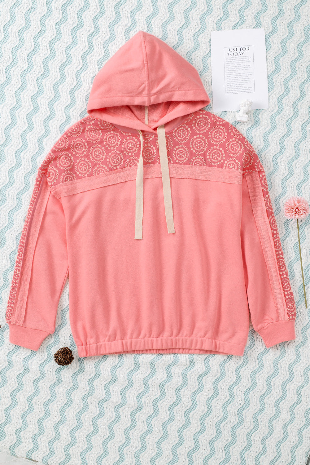 Pink Floral Pattern Splice Drawstring Hoodie