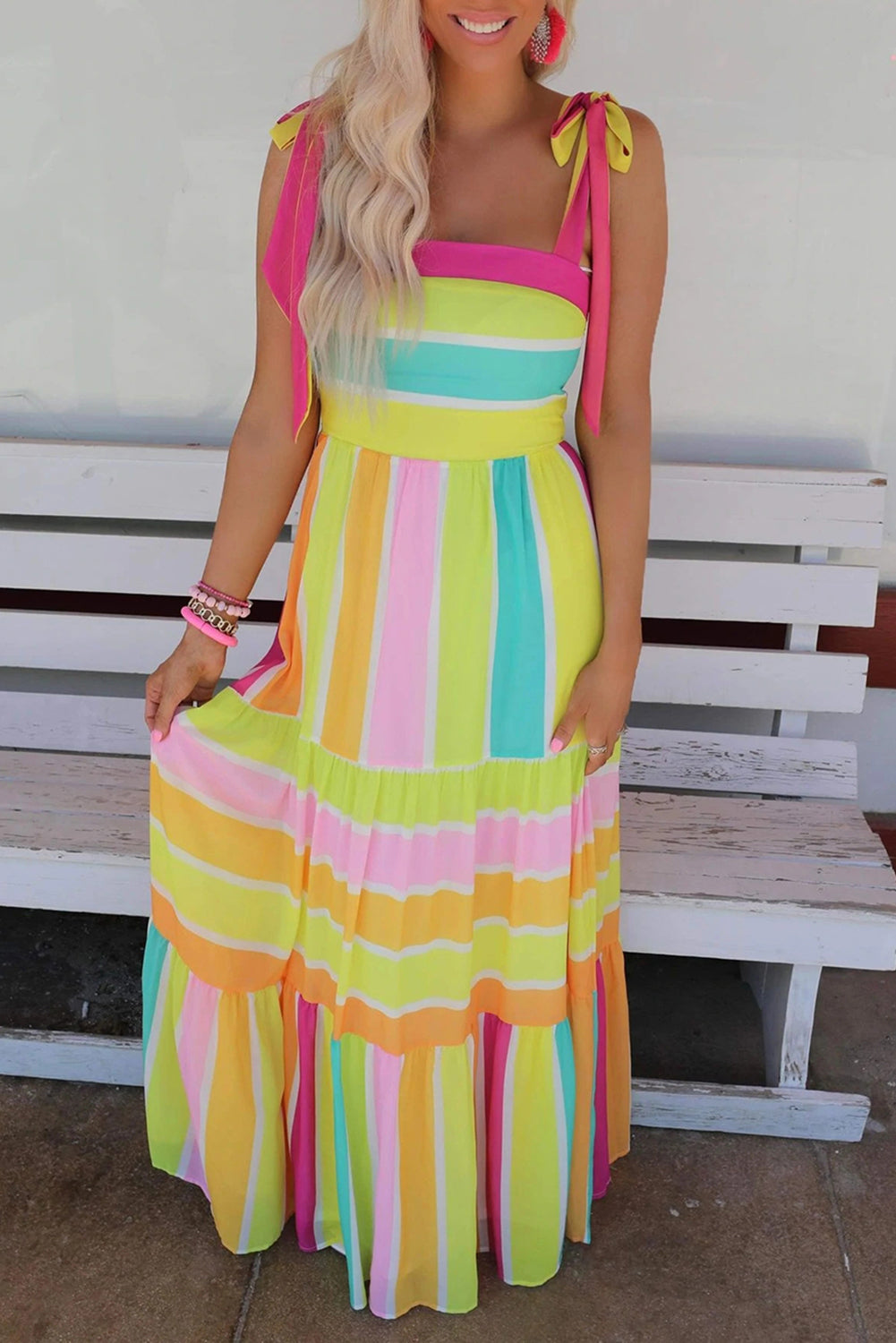 Color Block Striped Bow Knot Straps Maxi Dress