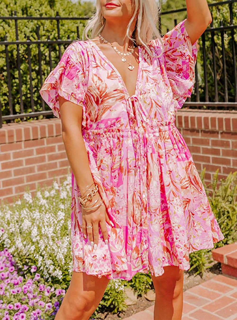 Pink Tie Knot Open Back V Neck Floral Dress