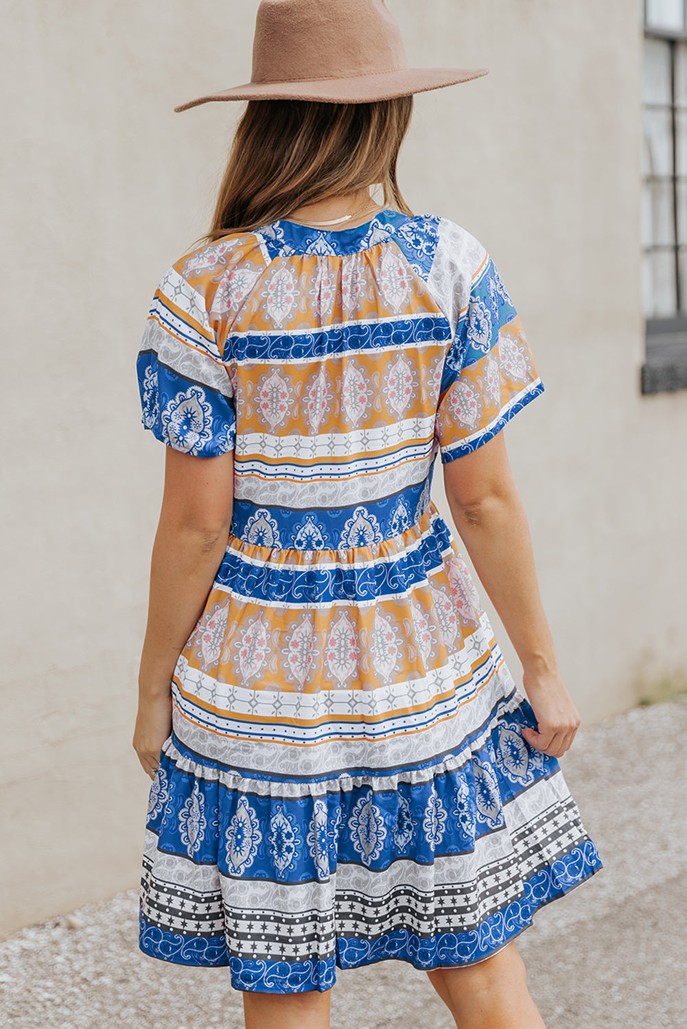 Accent Color Block Bohemian Print Short Sleeve Mini Dress