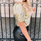 Gold Keyhole Back Sequin Puff Sleeve T Shirt