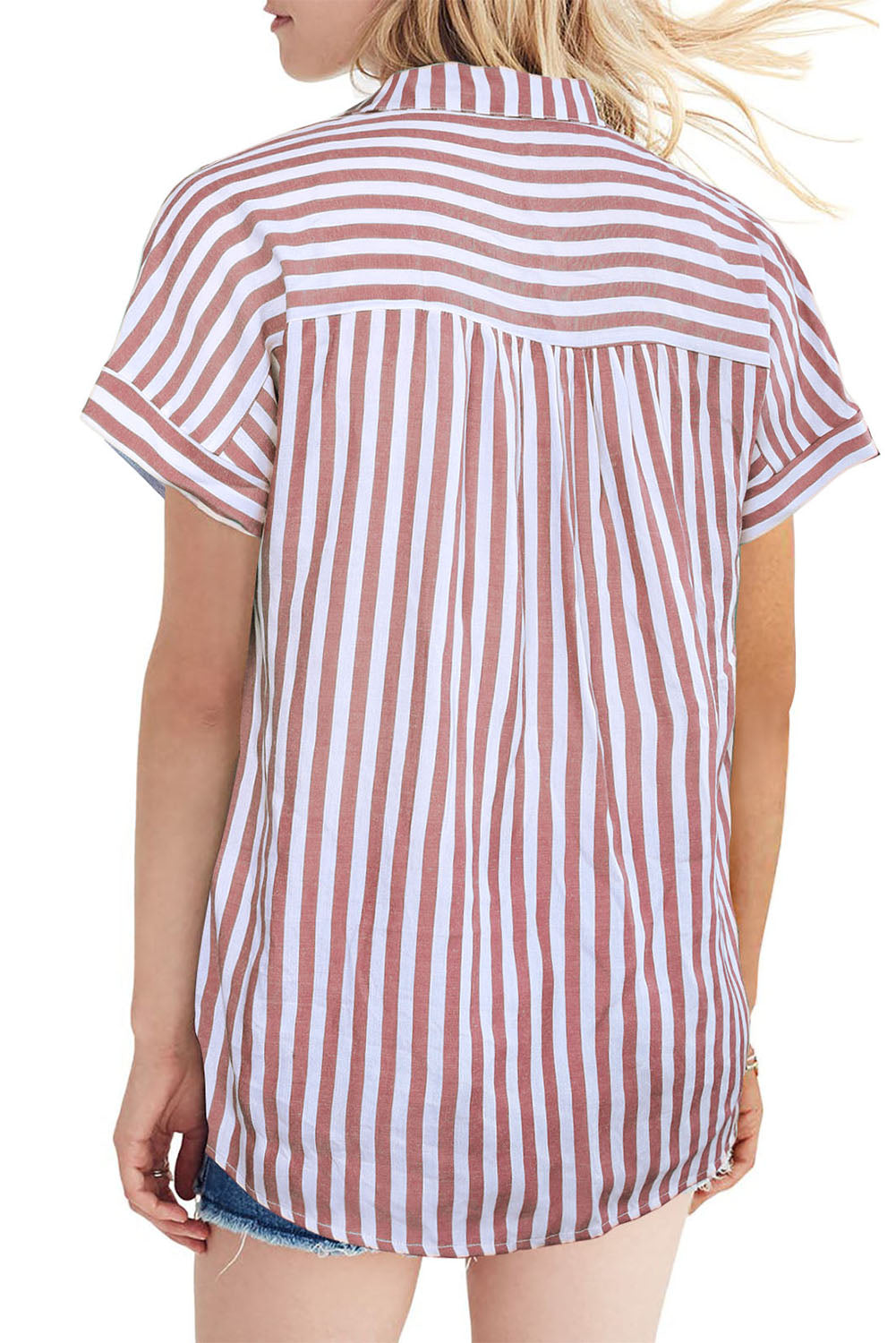 Short Sleeve Buttoned Striped Print Blouse