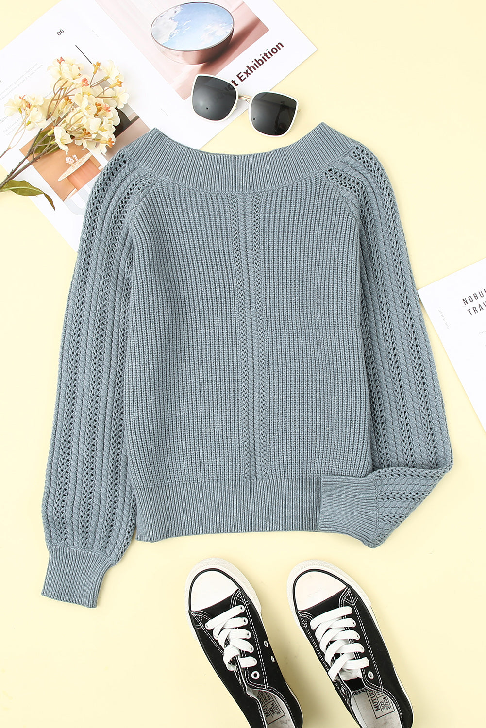 Plain Hollow-out Knit Long Sleeve Pullover Sweater