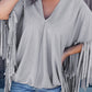 Grey Fringe V Neck Top