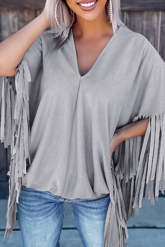 Grey Fringe V Neck Top