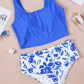 Blue Square Neck Sleeveless Fashion Print Tankini Set