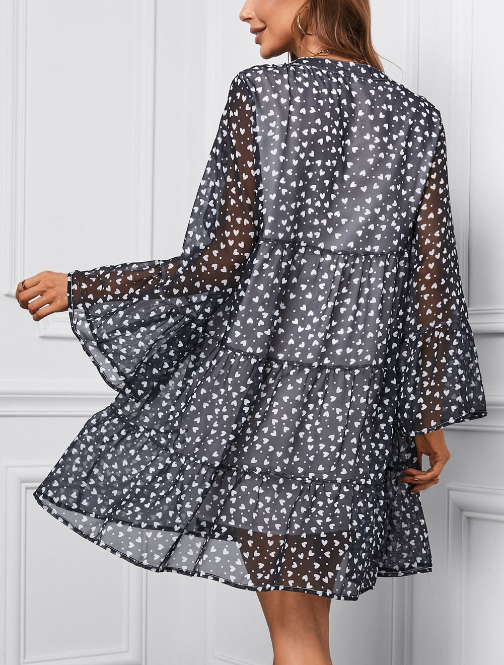 Print V neck Ruffle Swing Mini Dress