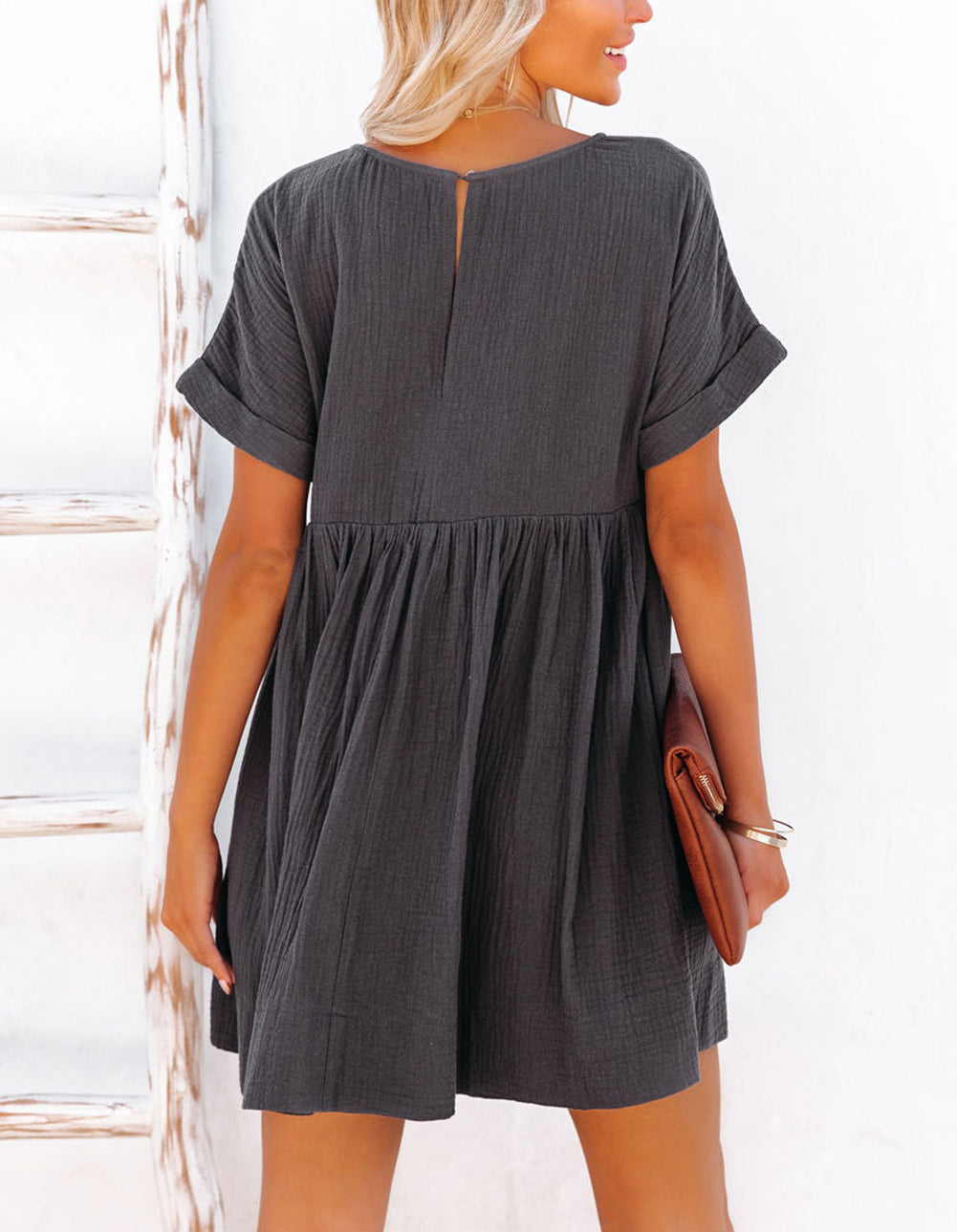 Pink Roll Up Short Sleeve V Neck Babydoll Mini Dress