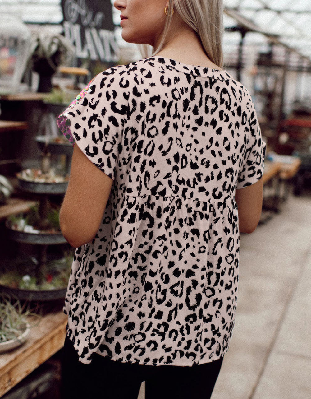 Leopard Mix Print Tassel Tie Blouse