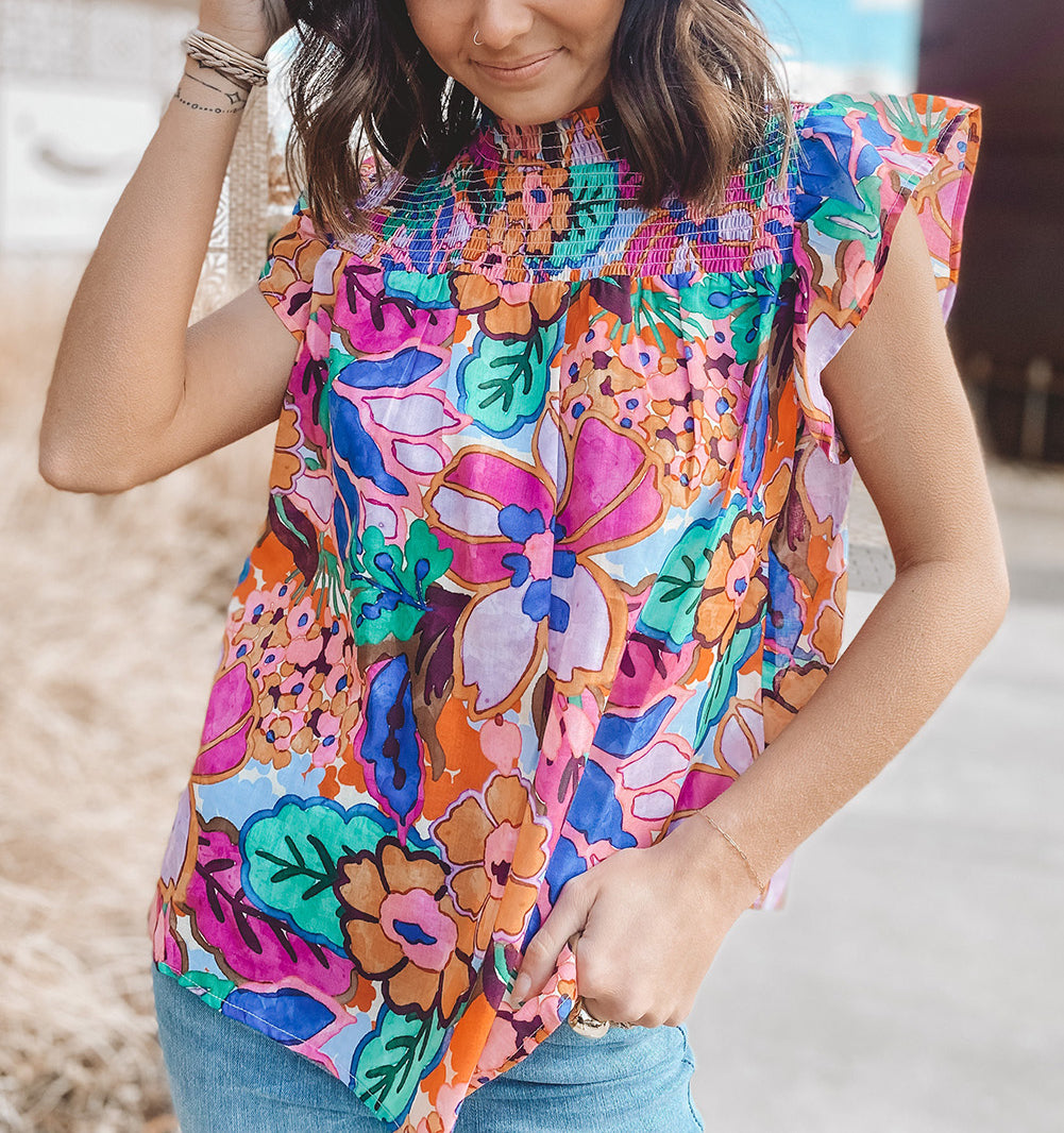 Multicolor Floral Print Flutter Sleeves Smocked Neck Blouse