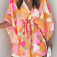 Geometric Print Button Drawstring Batwing Sleeve Dress