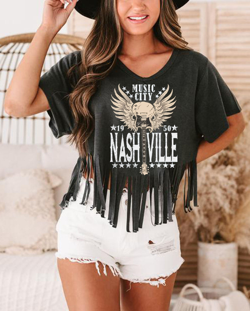Guitar Wings Slogan Graphic Print Fringed T Shirt