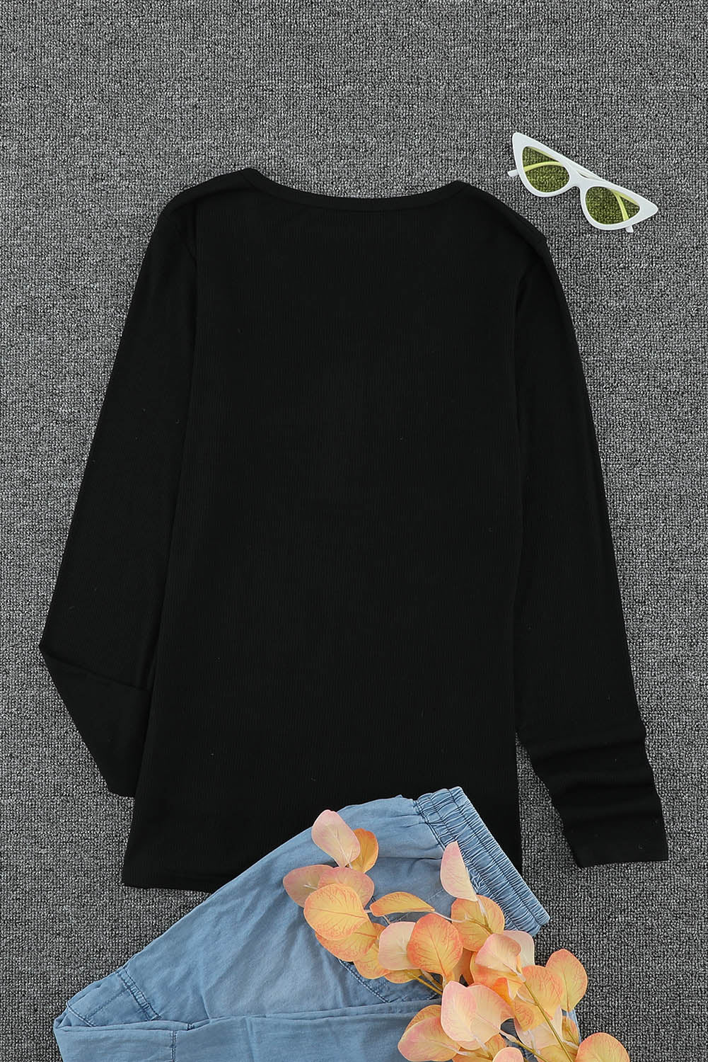 Black Scoop Neck Buttoned Front Long Sleeve Knitted Top