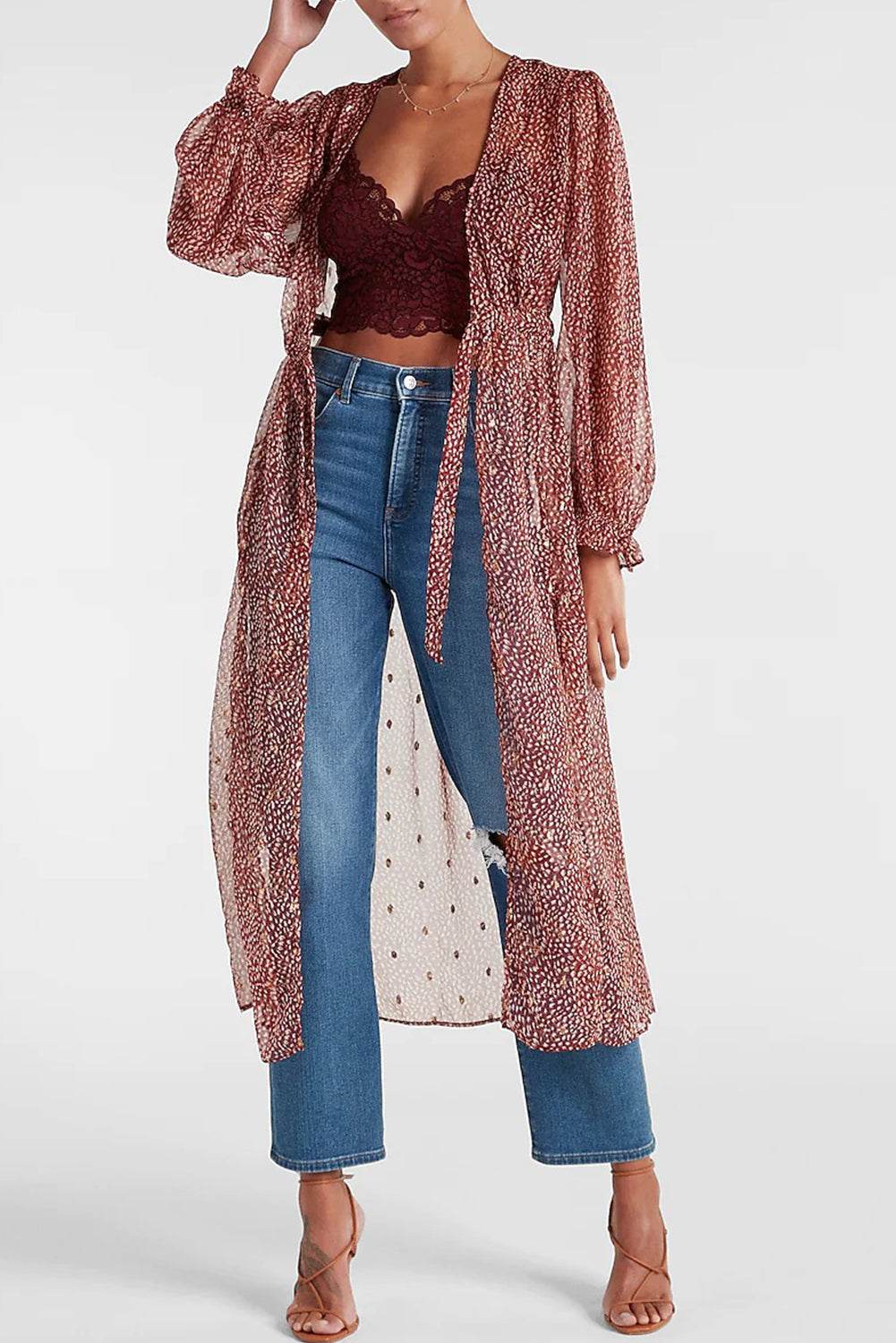 Dotted Print Tie Waist Long Cover Up