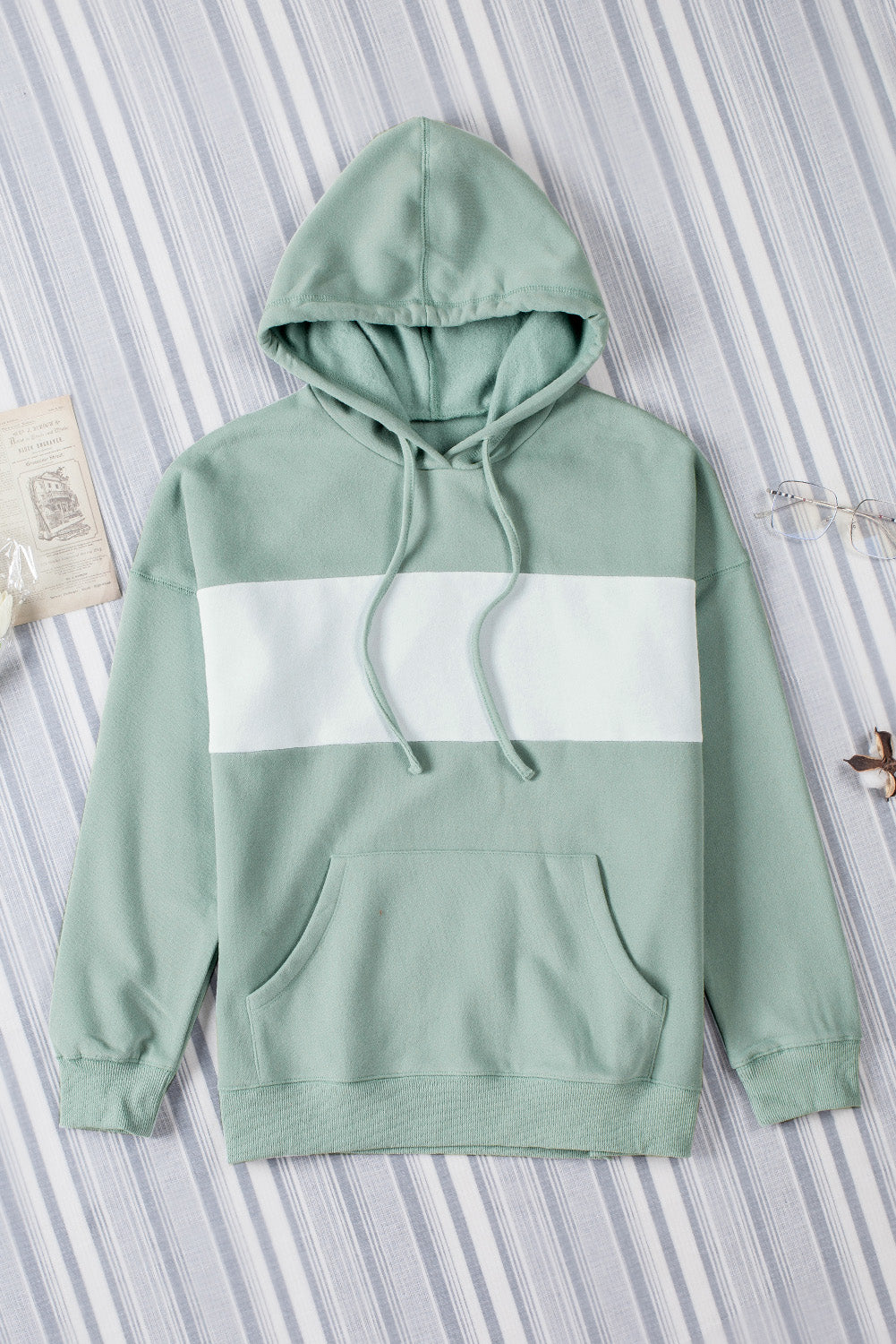 Green Contrast Wide Band Front Drawstring Hoodie