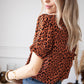Brown Short Puff Sleeves V Neck Leopard Print Top