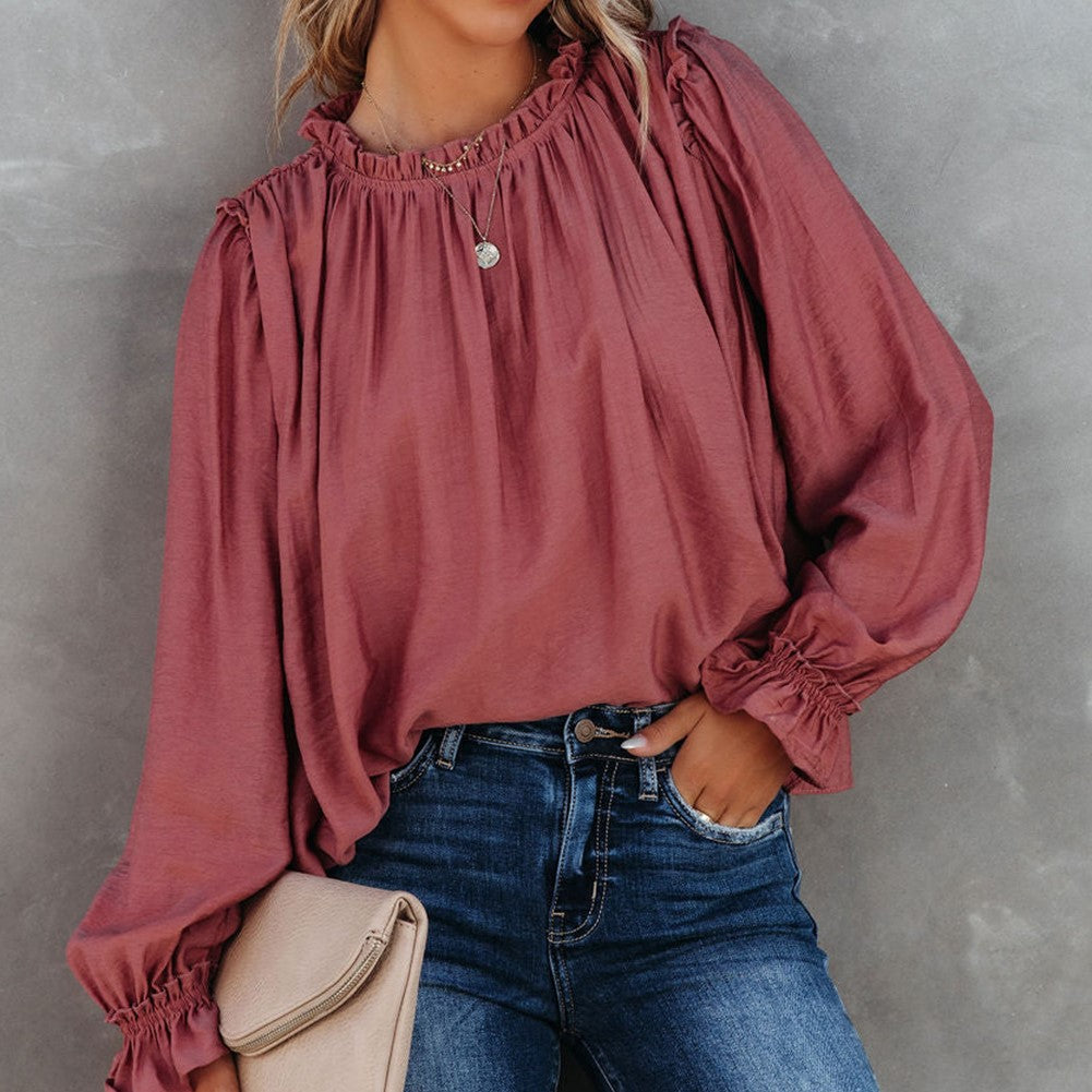 Frilled Neck Ruffled Long Sleeve Blouse