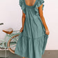 Green Smocked Neckline Flutter Sleeve Maxi Dress
