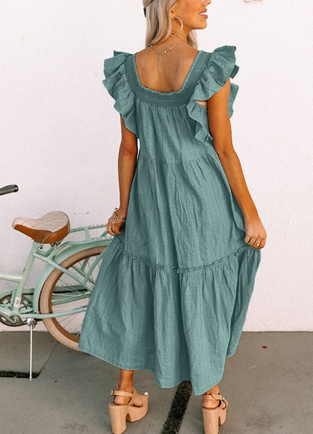Green Smocked Neckline Flutter Sleeve Maxi Dress