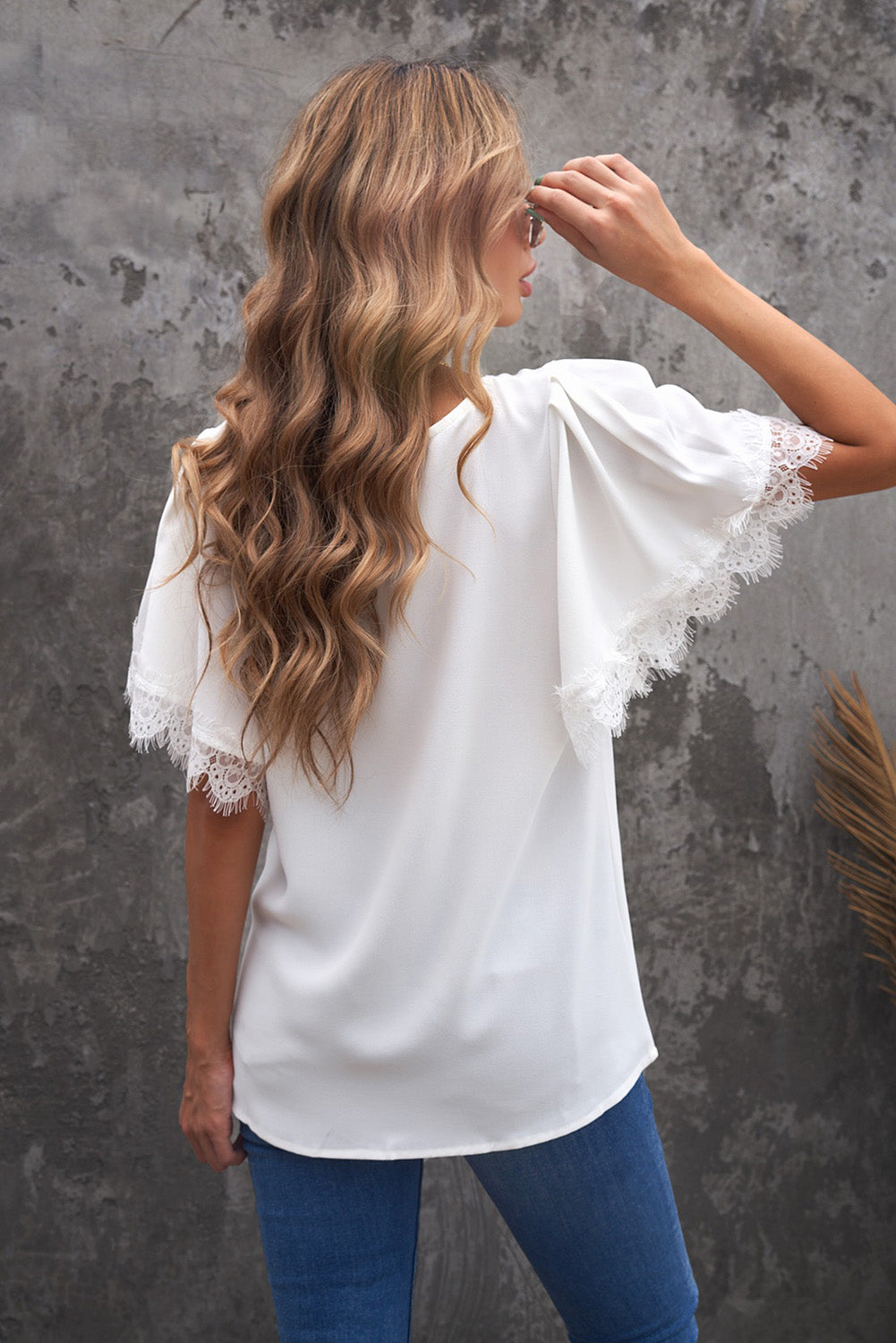 Satin Lace Flutter Sleeve Top