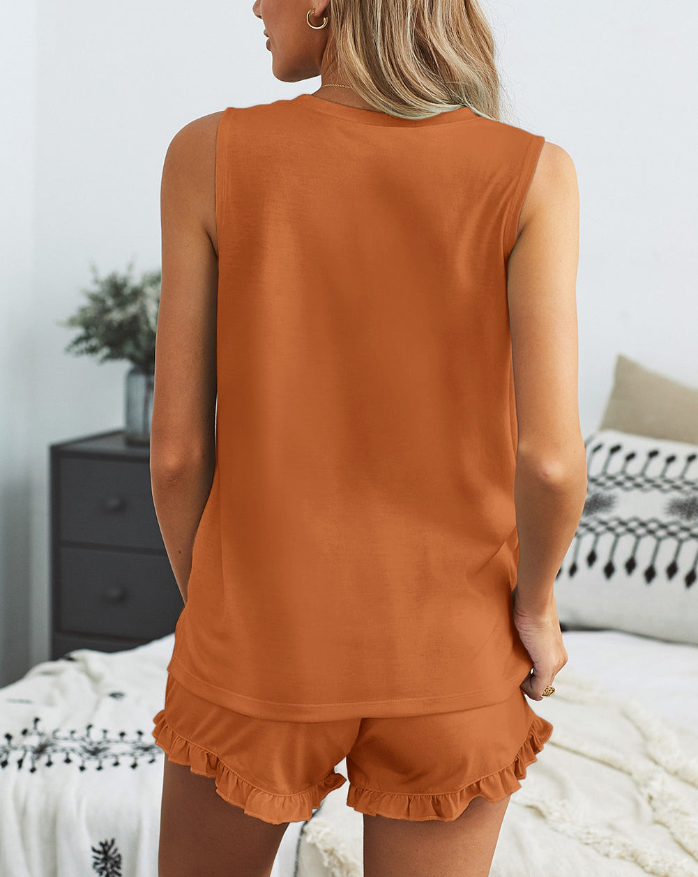 Crew Neck Tank and Drawstring Ruffled Shorts Lounge Set