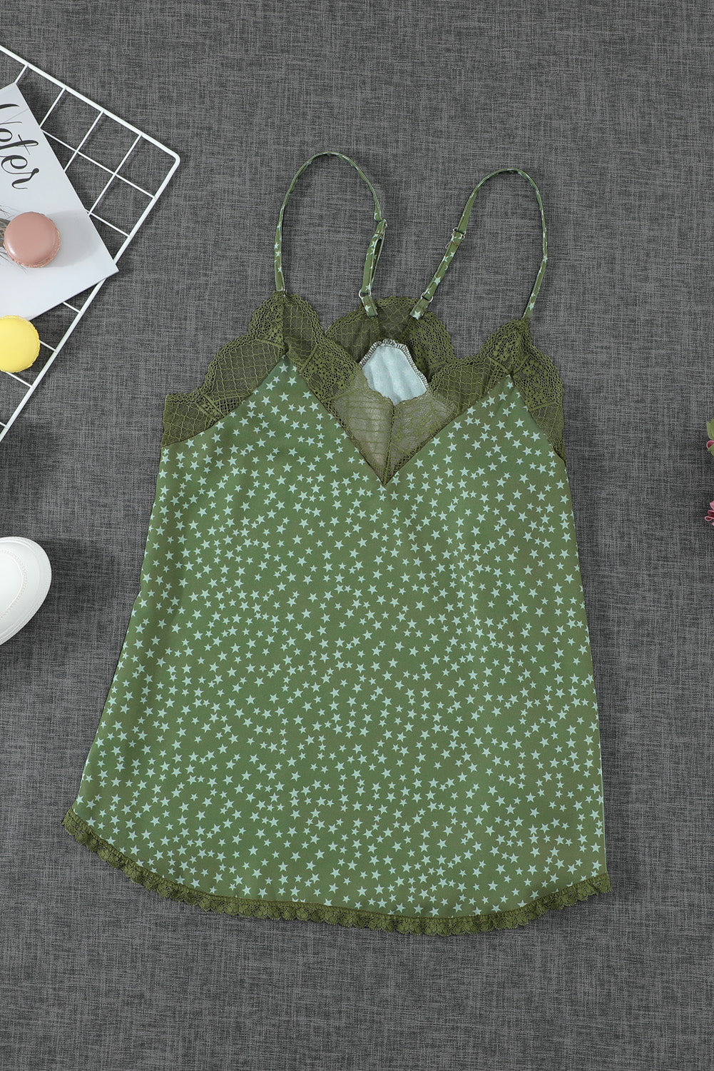 Spaghetti Strap Printed Lace Tank Top