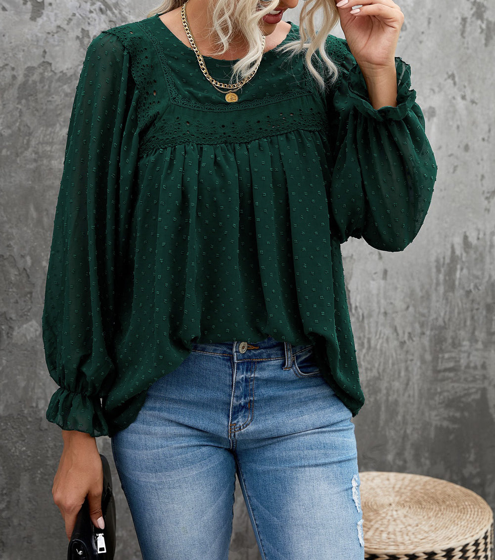 Green Swiss Dot Hollow Out Ruffle Sleeve Blouse