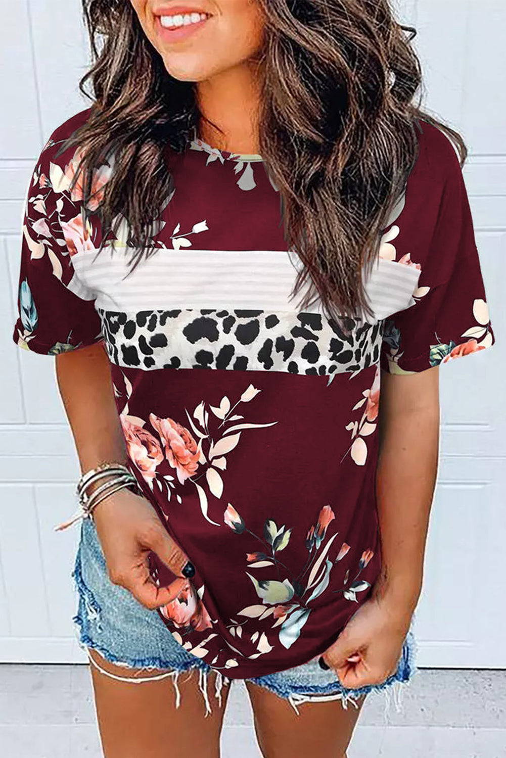 Leopard Striped Floral T Shirt